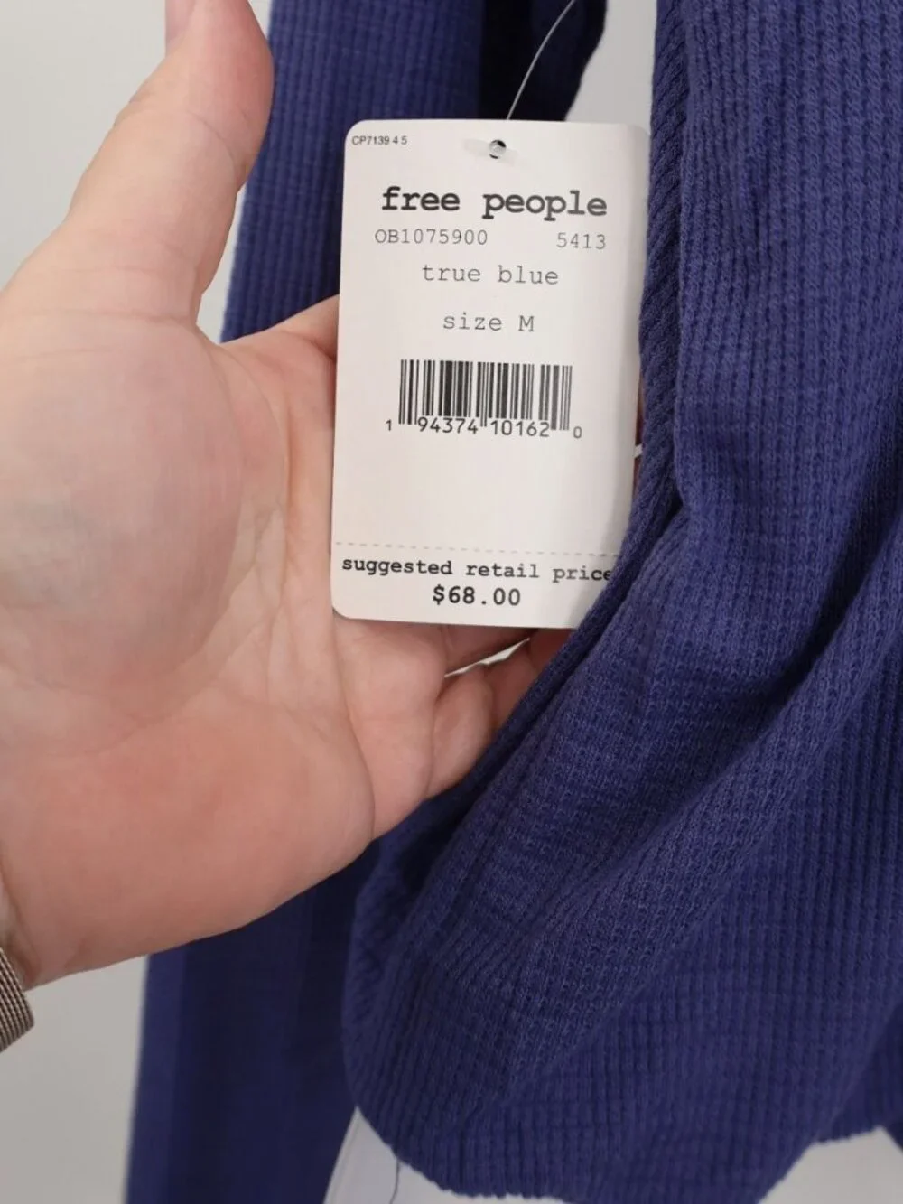 Free People Bondi M Thermal Waffle Knit Crop Top Long Sleeve Scoop Neck Blue NWT